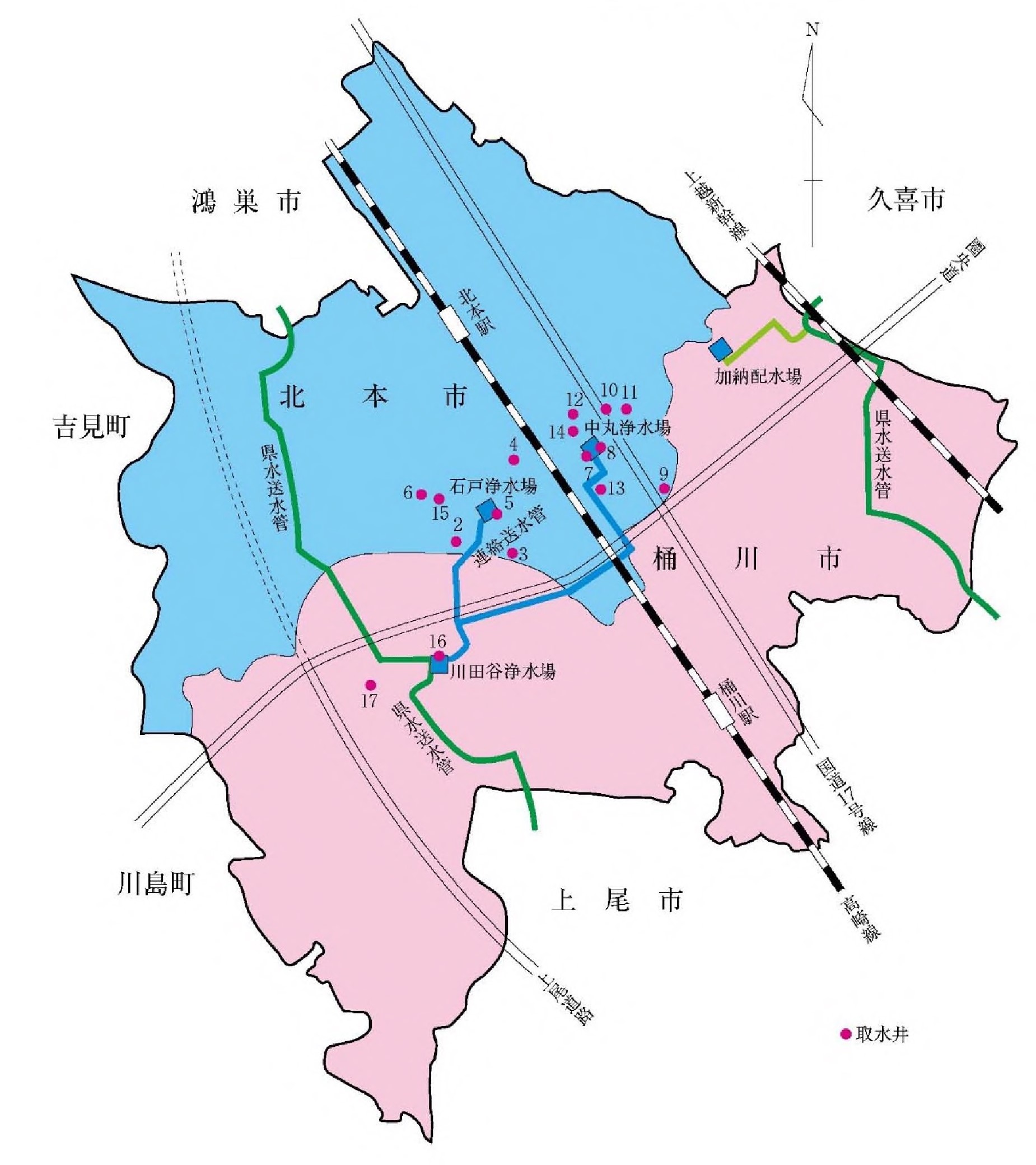 石戸浄水場、中丸浄水場、川田谷浄水場、加納配水場の地図